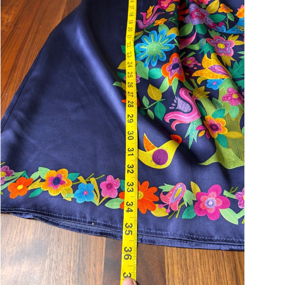 Boho Floral Voom Joy Han 100% Silk Empire Waist Mini Dress S Navy Blue Vintage - Picture 12 of 12